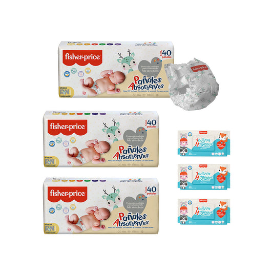 Ahorra con más pa–ales Fisher Price - 3 Pack Recien Nacido + 3 pack toallitas