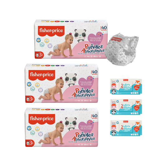 Ahorra con más pa–ales Fisher Price - 3 Pack etapa 3 ni–a + 3 pack toallitas