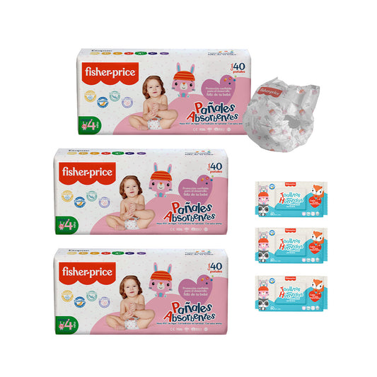 Ahorra con más pa–ales Fisher Price - 3 Pack etapa 4 ni–a + 3 pack toallitas