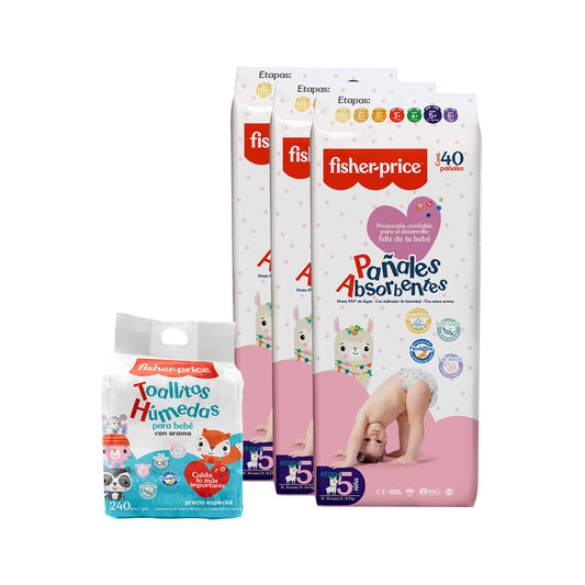 Ahorra con más pa–ales Fisher Price - 3 Pack etapa 5 ni–a + 3 pack toallitas