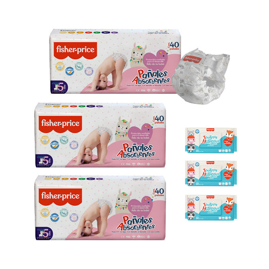 Ahorra con más pa–ales Fisher Price - 3 Pack etapa 5 ni–a + 3 pack toallitas