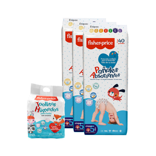Ahorra con más pa–ales Fisher Price - 3 Pack etapa 5 ni–o + 3 pack toallitas