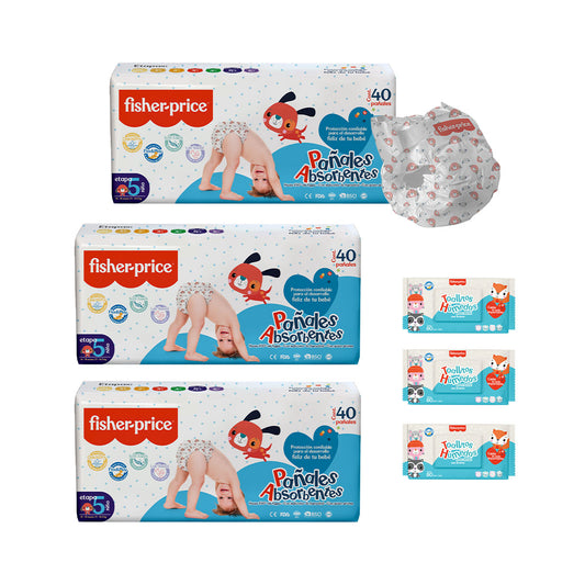 Ahorra con más pa–ales Fisher Price - 3 Pack etapa 5 ni–o + 3 pack toallitas