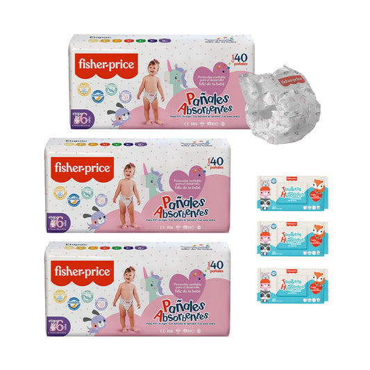 Ahorra con más pa–ales Fisher Price - 3 Pack etapa 6 ni–a + 3 pack toallitas