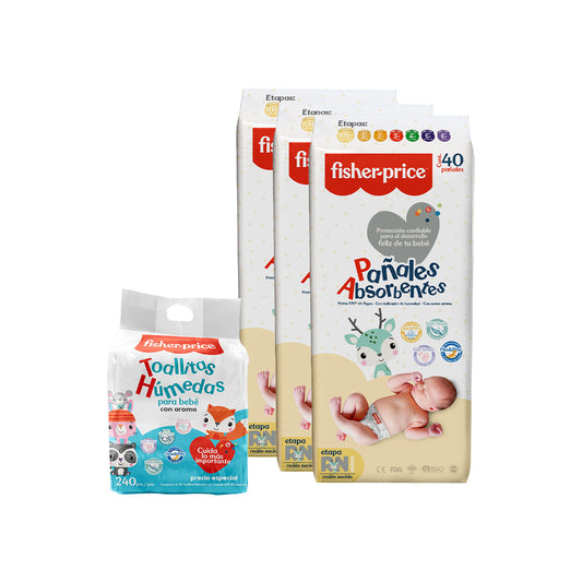 Fisher Price - 3 Pack Pañales Recien Nacido + 3 Pack toallitas húmedas