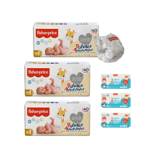 Fisher Price - 3 Pack Pañales Etapa 1 + 3 Pack toallitas húmedas