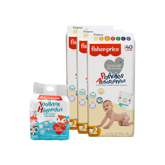 Fisher Price - 3 Pack Pañales Etapa 2 + 3 Pack toallitas húmedas