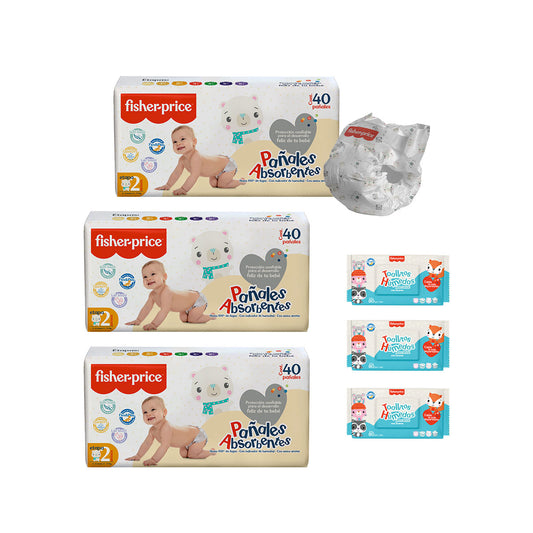 Fisher Price - 3 Pack Pañales Etapa 2 + 3 Pack toallitas húmedas