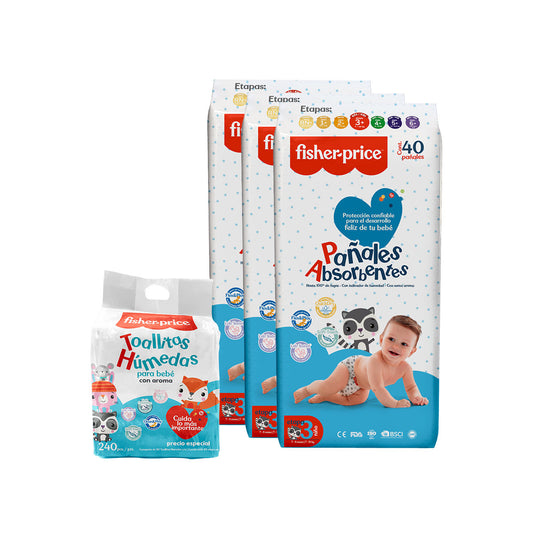 Fisher Price - 3 Pack Pañales Etapa 3 niño + 3 Pack toallitas húmedas