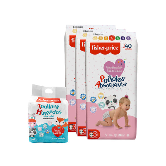 Fisher Price - 3 Pack Pañales Etapa 3 niña + 3 Pack toallitas húmedas