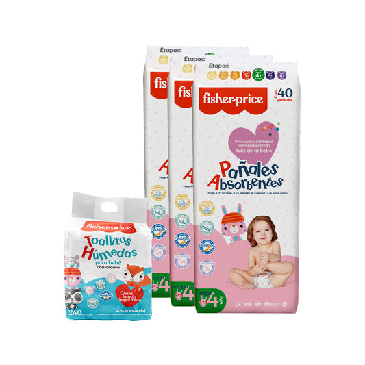 Fisher Price - 3 Pack Pañales Etapa 4 niña + 3 Pack toallitas húmedas