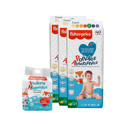 Fisher Price - 3 Pack Pañales Etapa 4 niño + 3 Pack toallitas húmedas