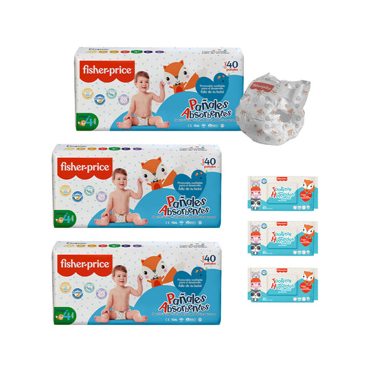 Fisher Price - 3 Pack Pañales Etapa 4 niño + 3 Pack toallitas húmedas