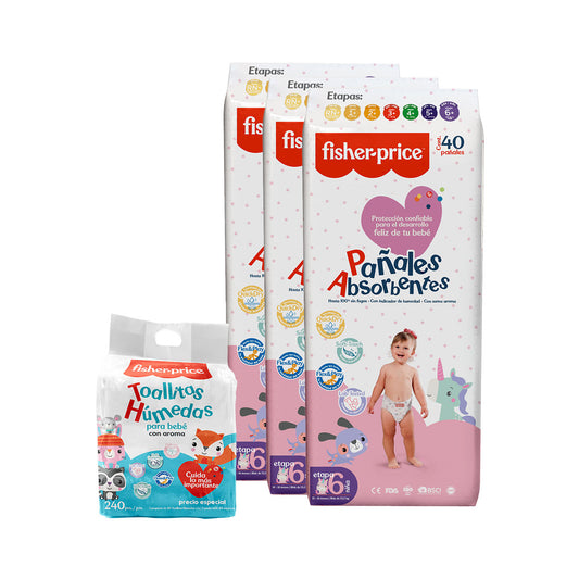 Fisher Price - 3 Pack Pañales Etapa 6 niña + 3 Pack toallitas húmedas