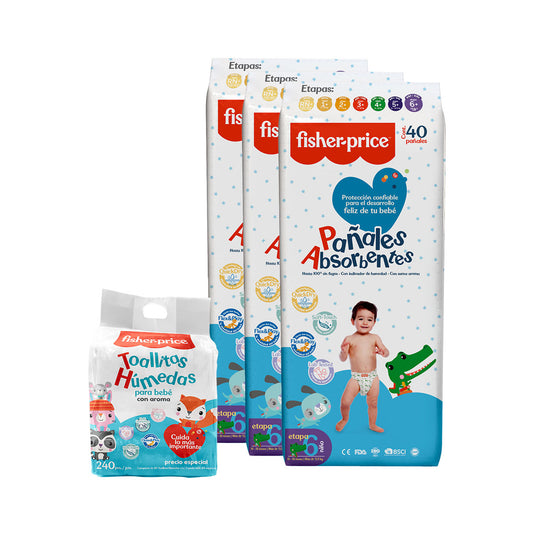 Fisher Price - 3 Pack Pañales Etapa 6 niño + 3 Pack toallitas húmedas